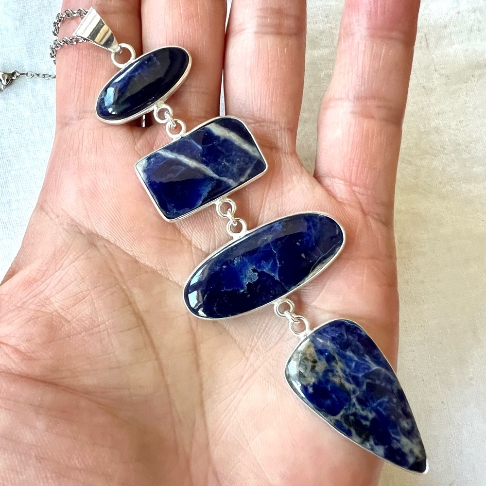 925 Long Cleavage Dark Sodalite 4 Stone Pendant Necklace